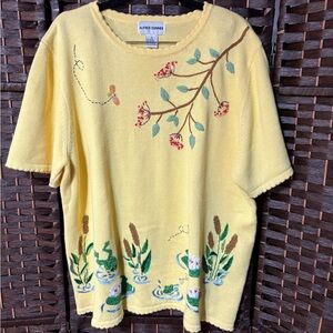 Alfred Dunner Woman 1X Yellow Embroidered Frog Lily Pad Pond Scene Knit Sweater